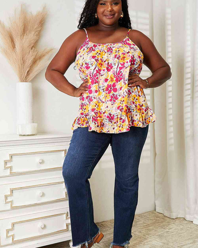 Double Take Floral Scoop Neck Ruffle Hem Cami
