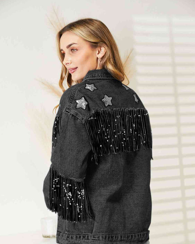 Fringe Detail Long Sleeve Denim Jacket