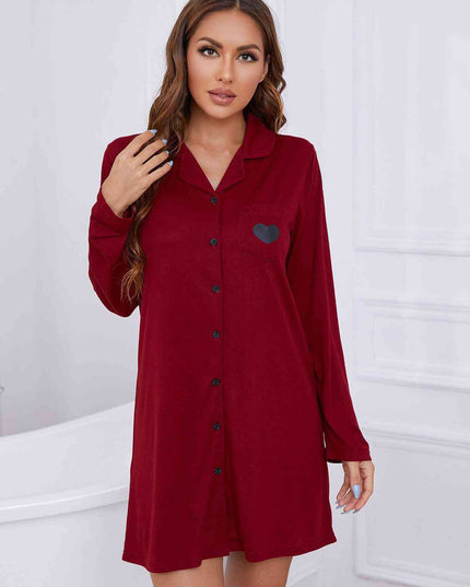 Heart Graphic Lapel Collar Long Sleeve Night Dress