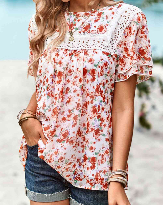 Floral Round Neck Spliced Lace Blouse
