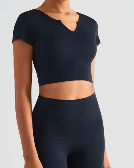 Notched Neck Short Sleeve Cropped Sports Top