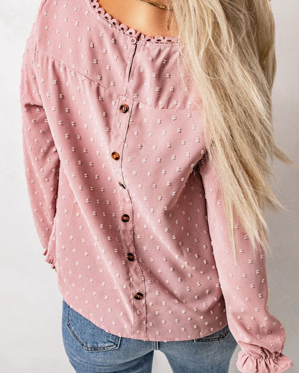 Swiss Dot Flounce Sleeve Button Detail Blouse