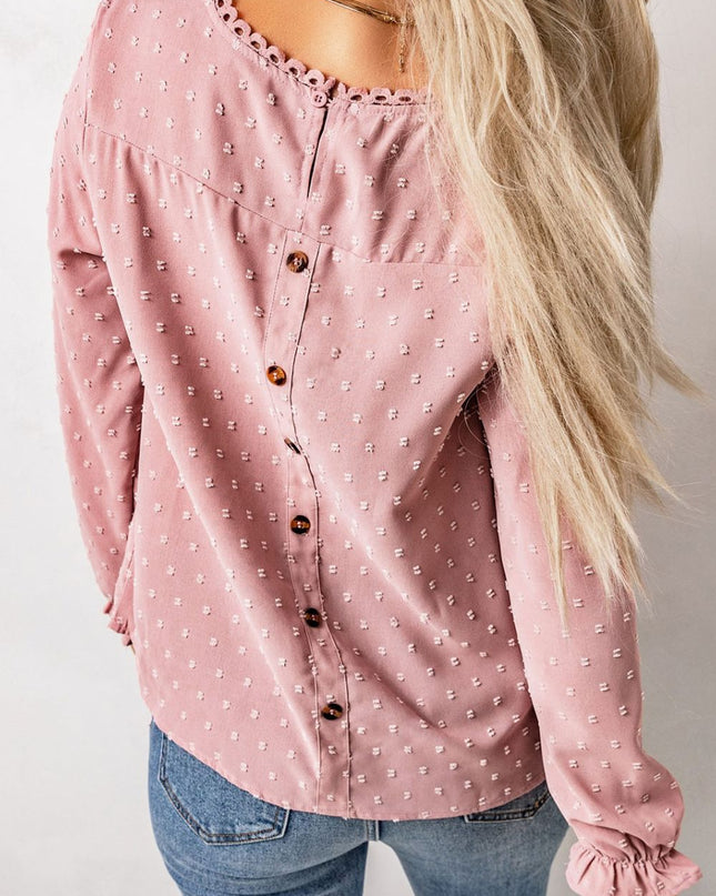 Swiss Dot Flounce Sleeve Button Detail Blouse