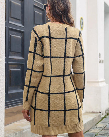 Plaid Round Neck Long Sleeve Sweater Dress