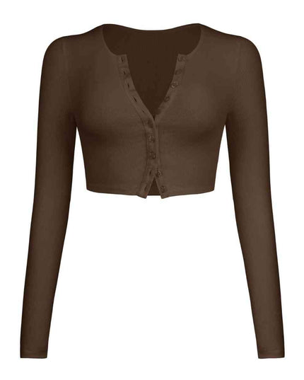Double Take Button Down Long Sleeve Cropped Top