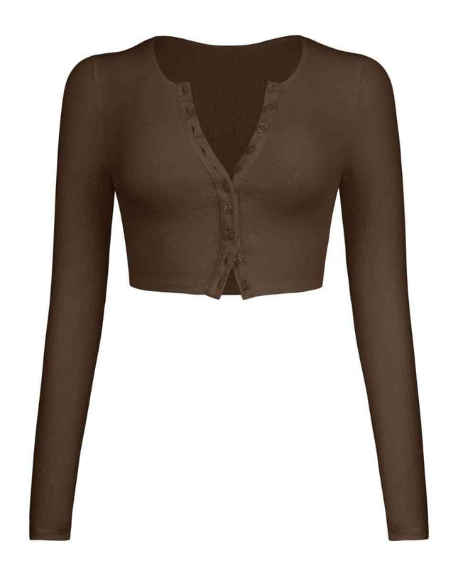 Double Take Button Down Long Sleeve Cropped Top