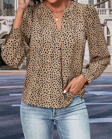 Leopard Notched Neck Puff Sleeve Blouse