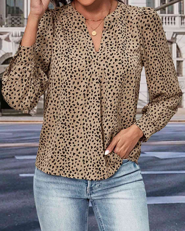 Leopard Notched Neck Puff Sleeve Blouse