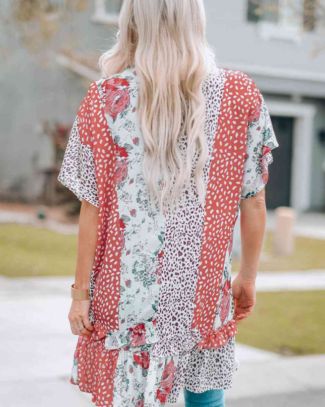 Mixed Print Ruffle Hem Kimono