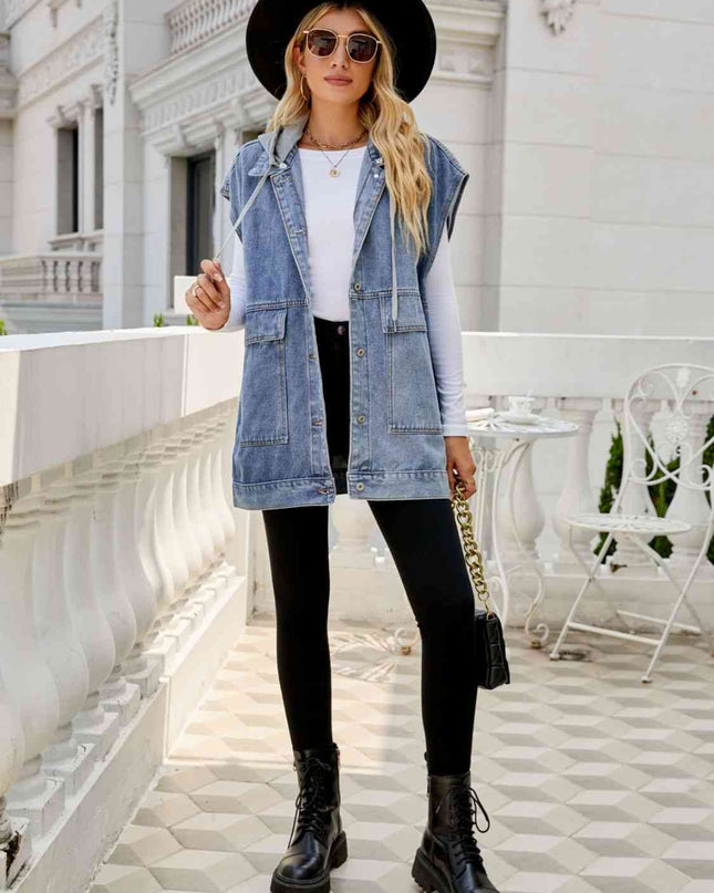 Hooded Sleeveless Denim Top with Pockets