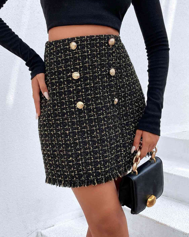 Plaid Double-Breasted Fringe Hem Skirt