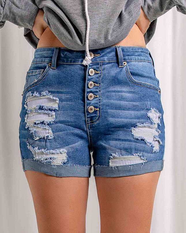 Distressed Button Fly Striped Lining Denim Shorts