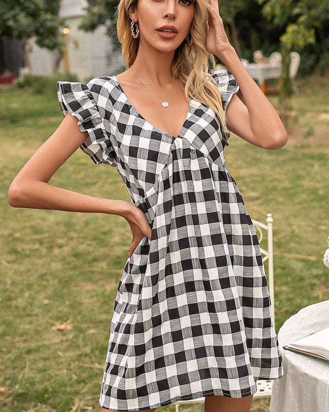 Plaid Butterfly Sleeve Deep V Dress