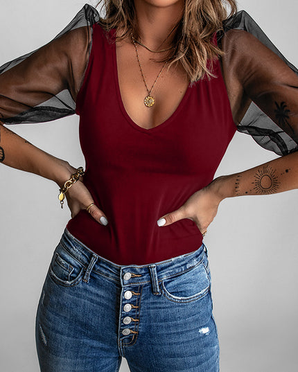 Spliced Mesh Puff Sleeve Blouse