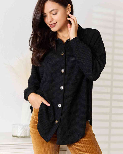 Double Take Waffle-Knit Collared Neck Dropped Shoulder Shirt