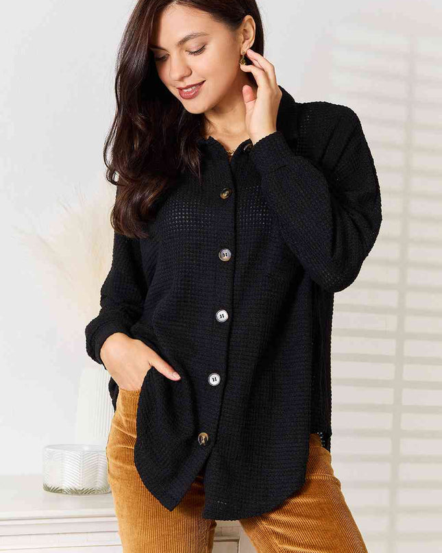 Double Take Waffle-Knit Collared Neck Dropped Shoulder Shirt