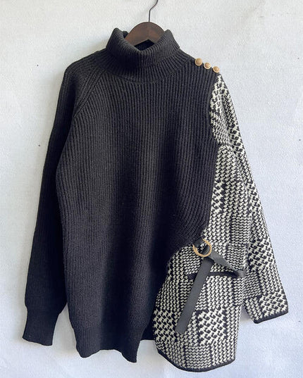 Houndstooth Turtleneck Long Sleeve Slit Sweater