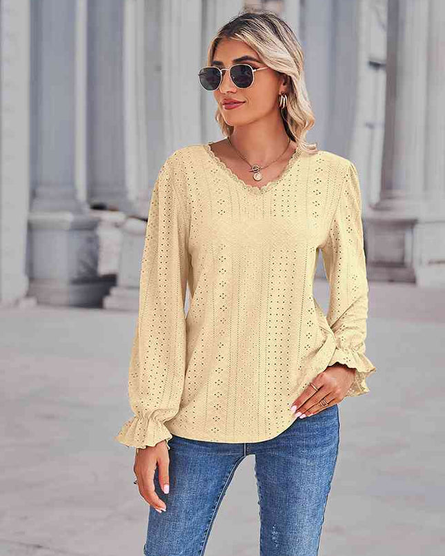 Eyelet V-Neck Flounce Sleeve Blouse