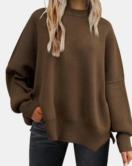 Round Neck Drop Shoulder Slit Sweater