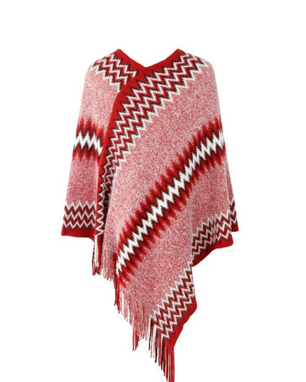 Fringe Hem Striped Cape Sleeve Poncho