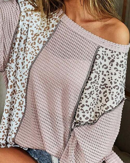 Leopard Exposed Seam Long Sleeve Blouse