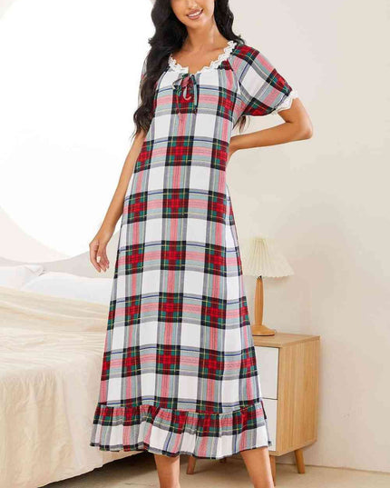 Plaid Lace Trim Ruffle Hem Night Dress