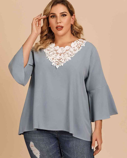 Plus Size Contrast Spliced Lace Three-Quarter Sleeve Blouse