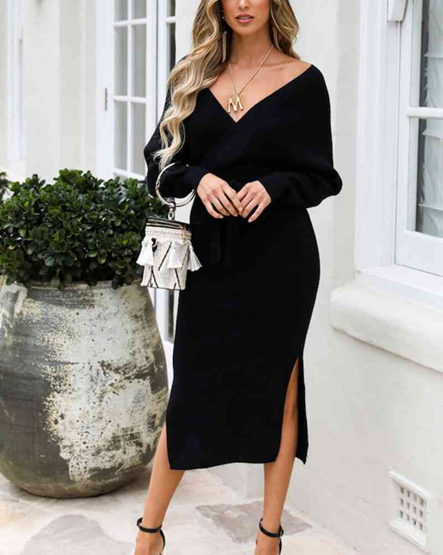 Surplice Neck Bow Waist Slit Sweater Dress