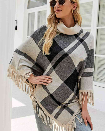 Plaid Turtleneck Fringe Hem Poncho
