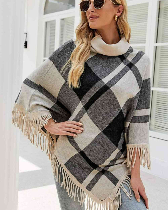 Plaid Turtleneck Fringe Hem Poncho