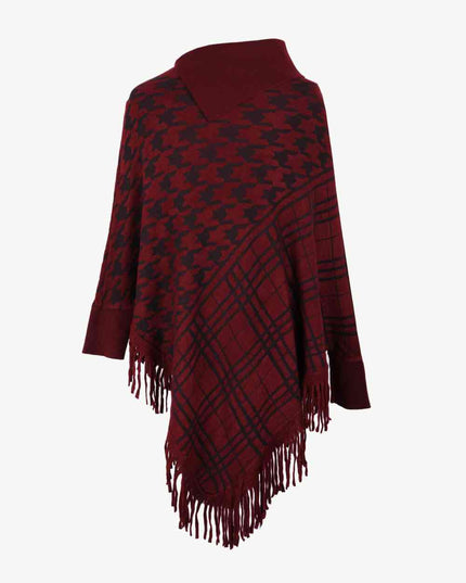 Houndstooth Turtleneck Fringe Hem Poncho