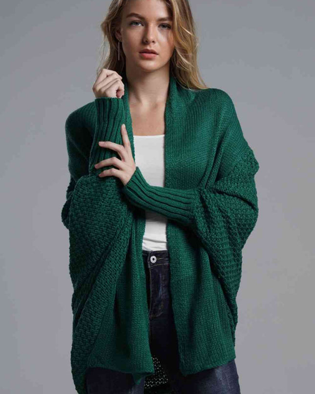 Double Take Dolman Sleeve Open Front Ribbed Trim Longline Cardigan