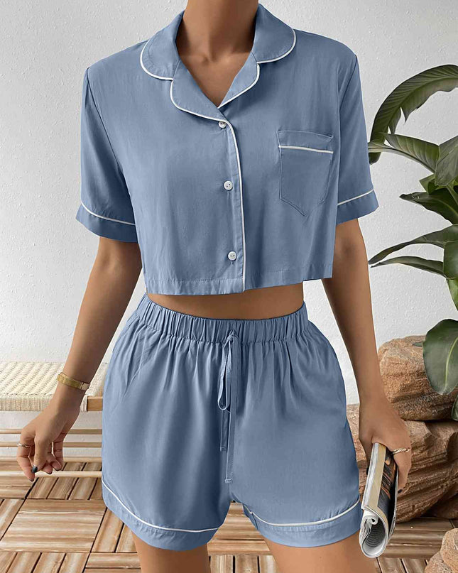 Contrast Lapel Collar Cropped Shirt and Shorts Lounge Set