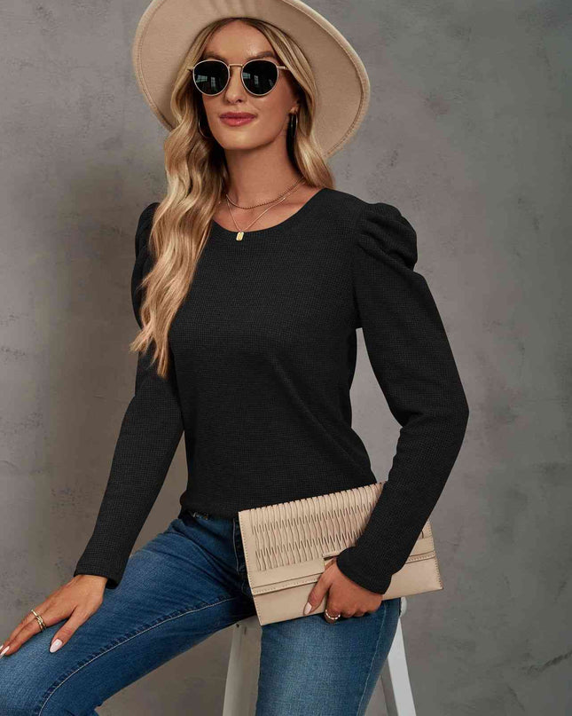 Waffle-Knit Puff Sleeve Round Neck Top