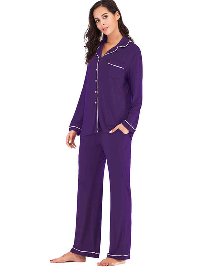 Collared Neck Long Sleeve Loungewear Set with Pockets