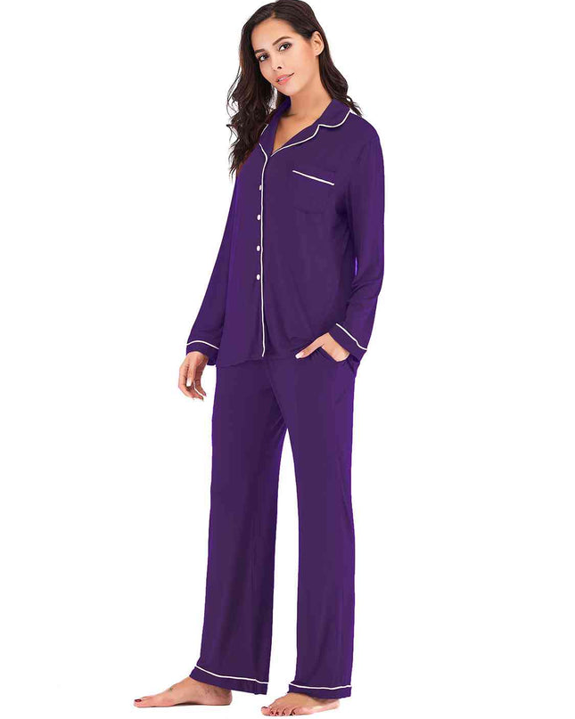 Collared Neck Long Sleeve Loungewear Set with Pockets