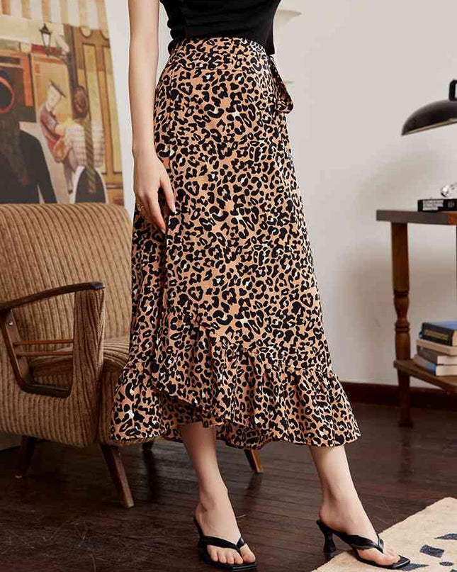 Leopard Ruffle Hem Midi Skirt
