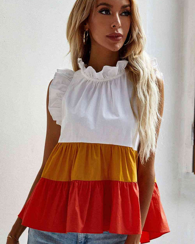 Ruffle Trim Mock Neck Sleeveless Color Block Tank Top