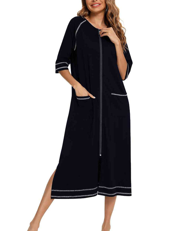 Zip Up Slit Round Neck Night Dress with Pockets