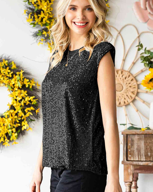 Sequin Round Neck Capped Sleeve Tank