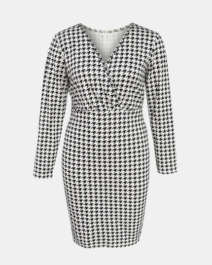 Plus Size Houndstooth Surplice Neck Long Sleeve Pencil Dress