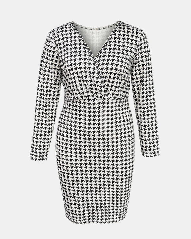 Plus Size Houndstooth Surplice Neck Long Sleeve Pencil Dress