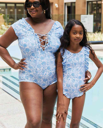 Marina West Swim Bring Me Flowers V-Neck One Piece Swimsuit In Thistle Blue
