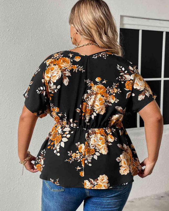 Plus Size Floral Print Cold Shoulder Surplice Neck Blouse
