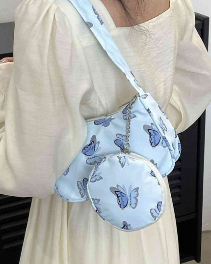 Butterfly Print Shoulder Bag with Purse