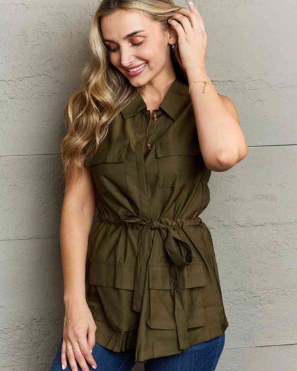 Ninexis Follow The Light Sleeveless Collared Button Down Top