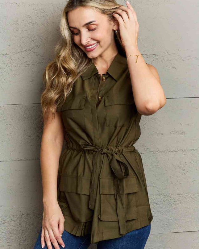 Ninexis Follow The Light Sleeveless Collared Button Down Top