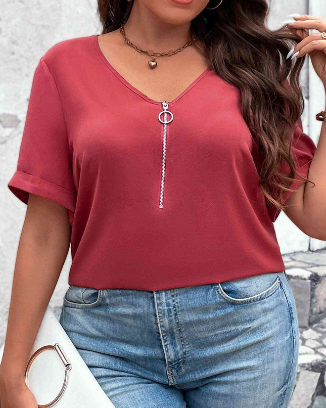 Plus Size V-Neck Short Sleeve Blouse with Zipper