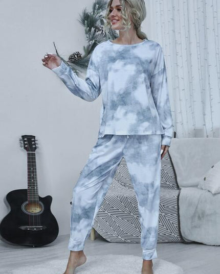 Tie-dye Round Neck Top and Drawstring Pants Lounge Set
