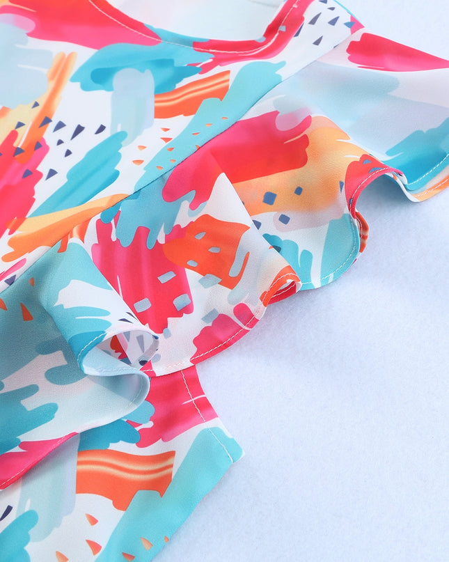 Printed Round Neck Ruffled Peplum Top